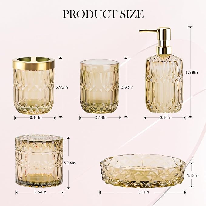 Bathroom Accessory Set 5 Pcs, Glass Bathroom Set Include Soap Dish, Toothbrush Holder, Mousewash Cup, Soap Dispenser, Cotton Swab Jar, Amber