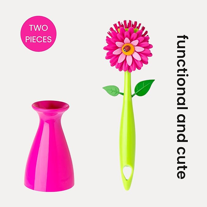 Vigar Flower Power Dish Brush with Handle and Vase Dish Brush Holder, Kitchen Scrub Brush for Pot Scrubber, Dishes, and Sink Cleaning, Pink, Green