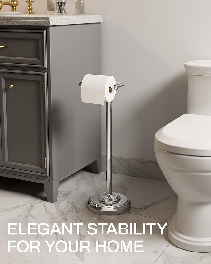 KALLYNB Freestanding Toilet Paper Holder Stand - Rustproof 304 Stainless Steel with Heavy Duty Weighted Base (4.8lbs), 22" Height Pivot Arm Tissue Roll Dispenser, Fits Mega Rolls - Chrome Finish