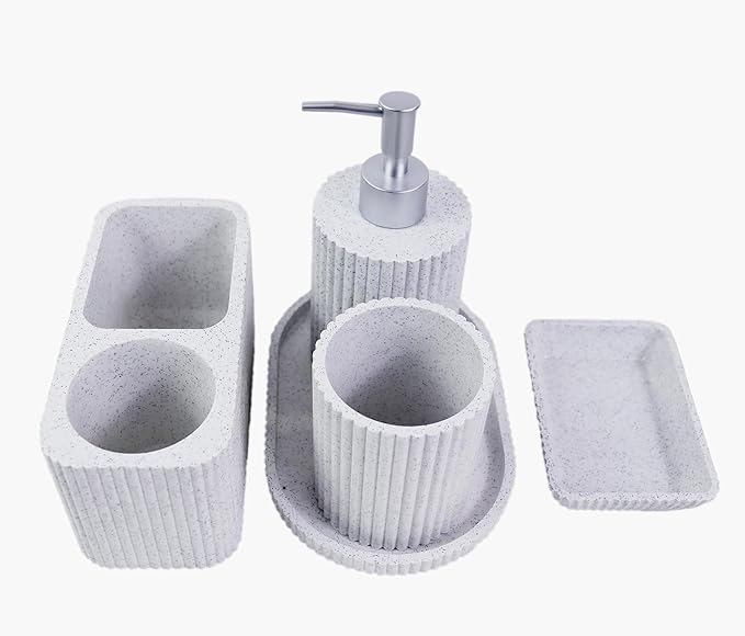 Hymmah Marble Pattern Bathroom Accessories Set, Toothbrush Holdr Set, 5 Pieces Resin Bathroom Set with Toothbrush Holder, Soap Dispenser, Soap Dish,Tumbler (Gray Granite)