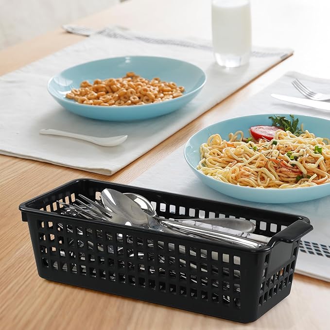 Bringer 6-Pack Slim Plastic Storage Baskets, Black Plastic Rectangle Storage Baskets
