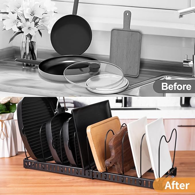 Pots and Pans Organizer,Rack for under Cabinet,Expandable Pot Lid Kitchen Cabinet Organizer Holder, with 10 Adjustable Partitions, Suitable for Kitchen Pan Organizers Inside Cabinet