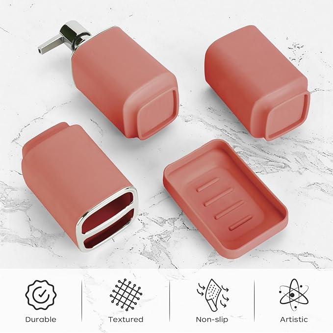 4Pack Bathroom Accessories Set, Bohemian Bathroom Sink Set, Contain Soap Dispenser, Toothbrush Holder, Soap Dish & Mouthwash Cup,Square soap and Toothbrush Holder Set