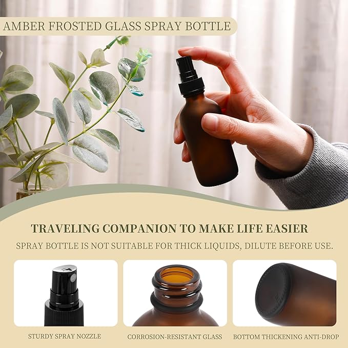 Green Glass Small Spray Bottles 2 oz 48 Packs,Fine Mist Sprayer Pretty Finish,Refillable Containers mini spray bottles for Cleaning Solutions and Skin Care (Amber Frosted 48Pack)