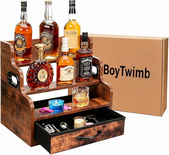 Liquor Bottle Display Shelf 3 Floors with Drawers Countertop Wine Rack can Accommodate 12 Bottles and 36 K Cups, Minibar Coffee Syrup Storage Box, Whiskey