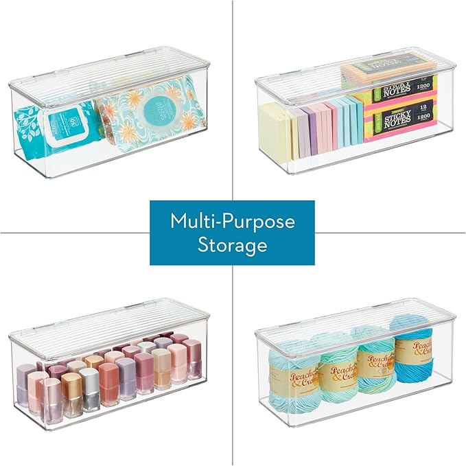 iDesign Plastic Stackable Hinged-Lid Storage Box for Kitchen, Bathroom, or Office - Set of 6 - Clear