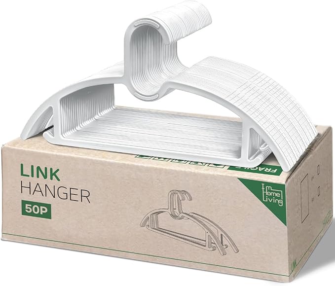 15" Compact Slim & Slimlink Interlocking Clothes Hangers, Space-Saving Lightweight Plastic Hangers for Small Closets, Dorms, Apartments, Travel, RVs & Petite Clothing (White, 50)