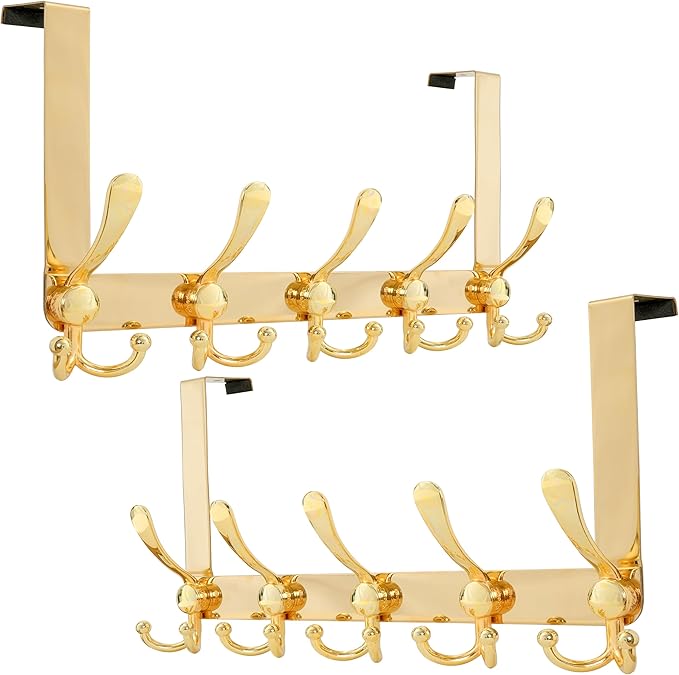 Dseap Over Door Hook 2.0 - Upgraded Version - Simple-Assembly, Strong, Heavy-Duty Stainless Steel 5-Tri-Hook Over The Door Hanger Rack, SimpleStrong Series, Gold, Pack of 2