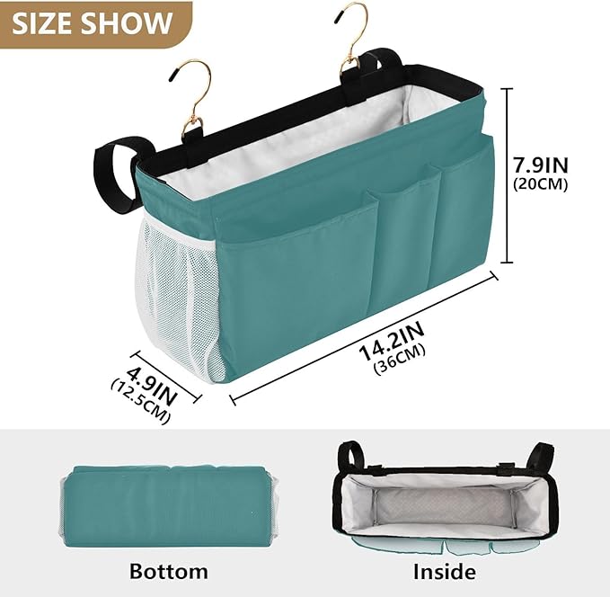 KOPIRIT Navy Teal Bedside Caddy Storage Bag Bedside Organizer for College Dorm Top Bunk Bed Hanging Storage Organizer 6 Pockets with Hooks for Drinks Magazine Phone Holder