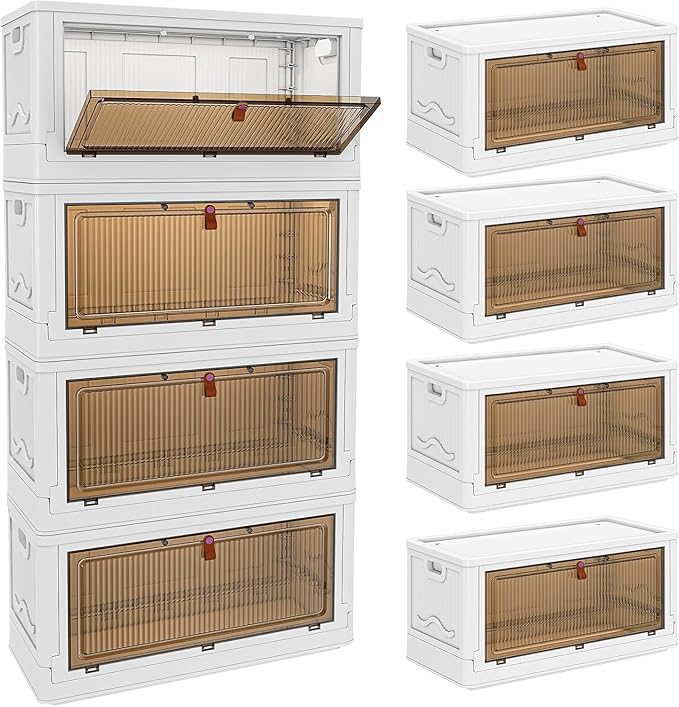 4 Tier Storage Bins with Lids 102QT, Stackable Storage Containers with Wheels, Folding Boxes, Extra Large Collapsible Bins, White