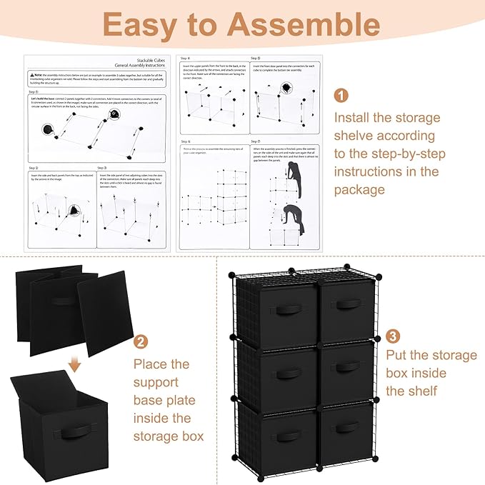 Leinuosen 6 Cube Storage Organizer with Fabric Bins, Wire Grid Stackable Shelves, Drawer Closet Organizer, Modular Storage Units for Bedroom Living Room Office Clothes Toys Crafts(Black,Black)