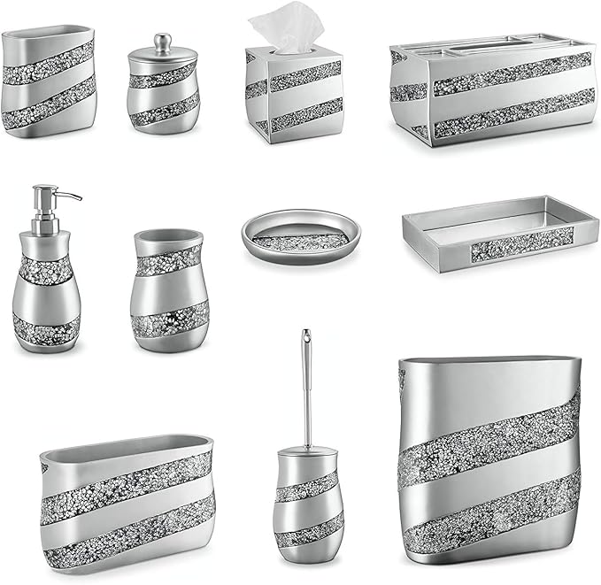 Creative Scents Silver Mosaic Toothbrush And Toothpaste Holder For Bathroom - Decorative Bathroom Toothbrush Holder, Family Toothbrush Cup With One Large Opening To Hold Multiple Toothbrushes At Once