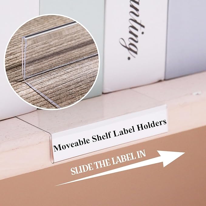 Containlol 50 Pcs Moveable Shelf Label Holders, Clear Bookshelf Label Library Shelf Markers Bookshelf Divider Tags for Library Office Classroom Home (3 x 0.63 Inch)