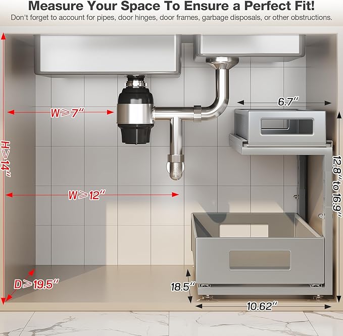 Corbyles 2 Pack 18.5IN-Depth Under Sink Organizer With Next-Gen Ball-Bearing Slides,2-Tier Pull Out Cabinet Storage,Height Adjustable Drawer Shelf for Bathroom,Kitchen,Laundry,Cabinet,Pantry-Gun Gray
