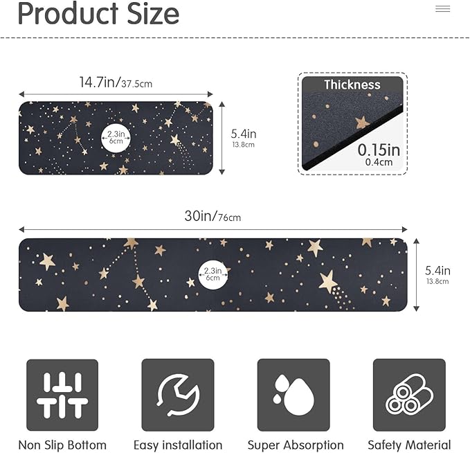 Kitchen Sink Splash Guard 1 PC 30 Inch Sink Faucet Mat Splash Guard for Bathroom Countertop Water Absorbent Foldable Cuttable Soft Washable Gold Stars Black