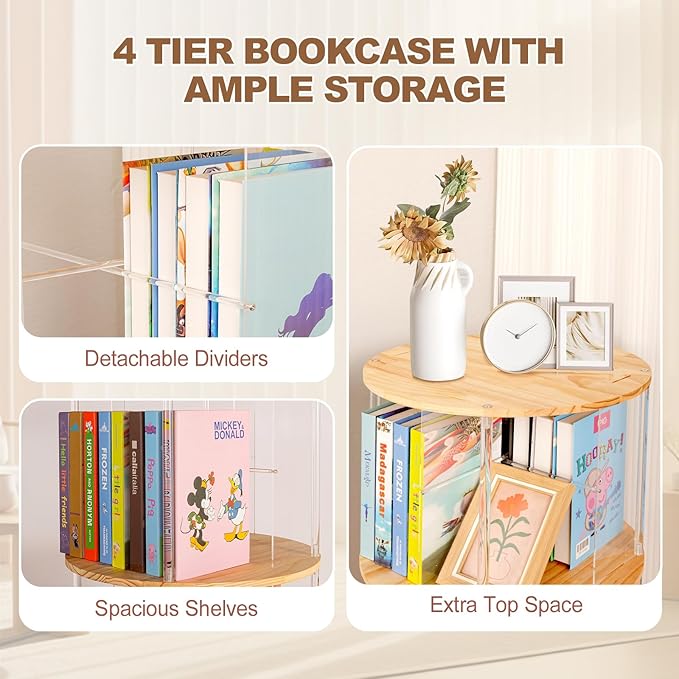 360° Rotating Bookshelf, 5-Tier Spinning Book Shelf Tower with Solid Wood & Clear Acrylic, Round Revolving Bookcase for Living Room, Bedroom and Office