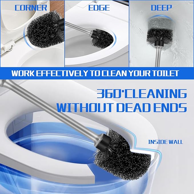 Toilet Brush and Holder 4 Pack with Long Handle - Non-Slip Grip Toilet Bowl Brush Set for Deep Cleaning Bathroom, Toilet Scrubber- Gray