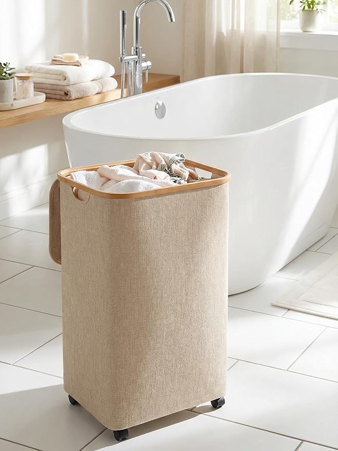 efluky Laundry Basket with Wheels, Tall Rolling Laundry Hamper with Lid and Removable Bag, Aesthetic Dirty Clothes Hamper on Wheels for Laundry Room, Bedroom, Dorm and Bathroom, 100L Oatmeal