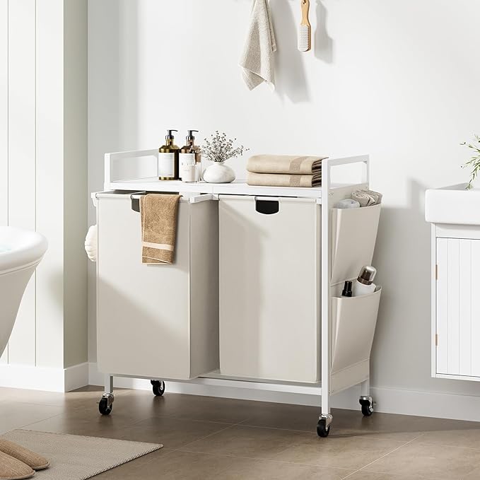 WOWLIVE Double Laundry Hamper with Lid,Rolling Laundry Basket Organizer with Wheels, Iron-Made Laundry Sorter with Top Shelf and 2 Removable Bags,Large Clothes Storage for Room,White