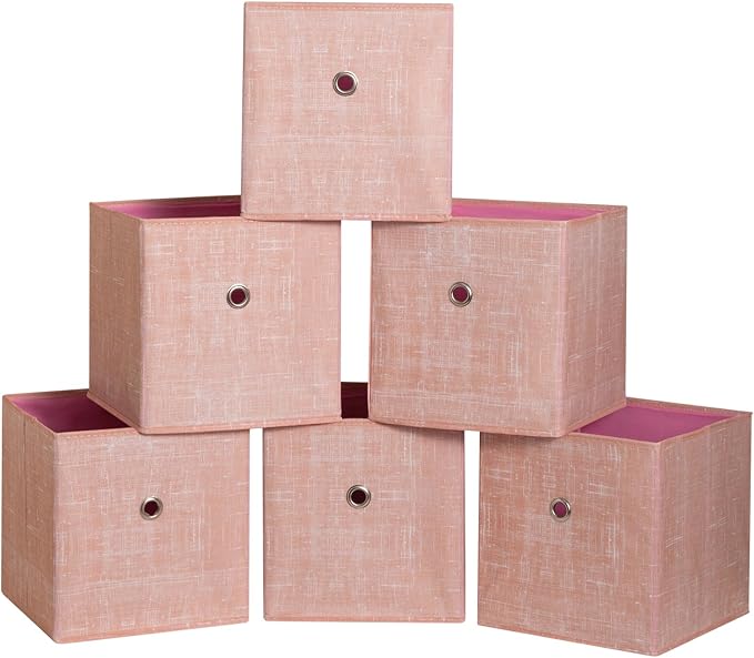 Foldable Storage Cubes Bins ,11 Inch Cloth Storage Cube Fabric Storage Box Cubes Organizer Baskets with Handles for Home Organizer Set of 6 (Cowboy Pink)