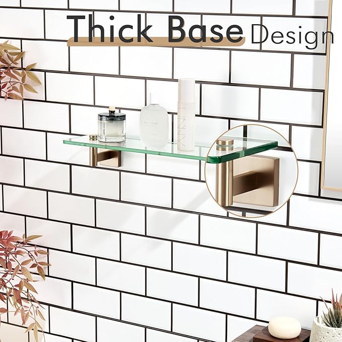 KOKOSIRI Wall Shelves Bathroom Hardware Glass Floating Shelf 16-Inch for Bedroom, Living Room, Kitchen, Hanging Rack Champagne Bronze B1105CPG-L16