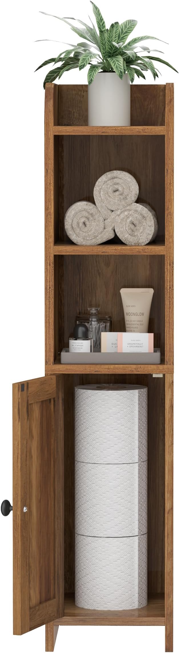 Homhedy Small Bathroom Storage Corner Floor Cabinet with Door and Shelves, Beside The Toilet Paper Stand for Skinny, Narrow Toilet Paper Cabinet, 7.9" D x 7" W x 31" H, Rustic Walnut