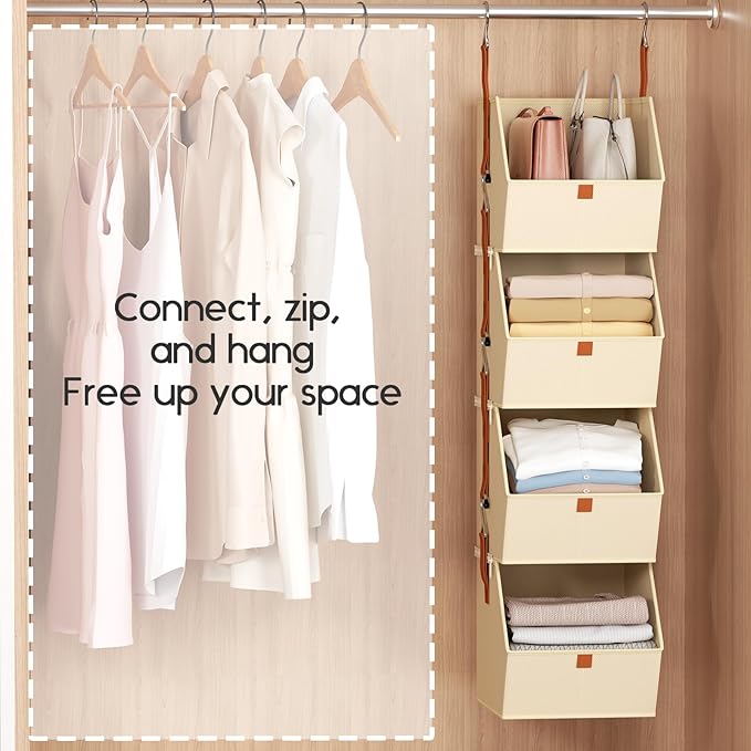 Hanging Closet Organizer 4 Tier - Clothes Hanging Shelves, Space-Saving Closet System, Fabric Storage Bins Bedroom Organization, Collapsible Baskets for Home, Dorm, Rv, Beige