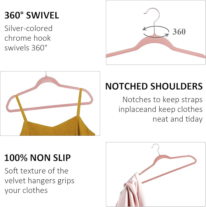 VECELO Premium Velvet Clothes Hangers Suit Heavy Duty (50 Pack)-Non Slip & Space-Saving with 6 Finger Clips & Tie Rack Excellent for Men and Women,Light Pink