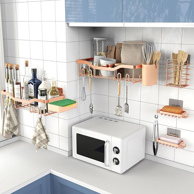 Shower Caddy Adhesive Shower Organizer 7-Pack, Rustproof Stainless Steel Bathroom Shelves, Large Capacity No-Drill Rack Storage Accessories with Soap Dish Toothbrush Holder Hooks