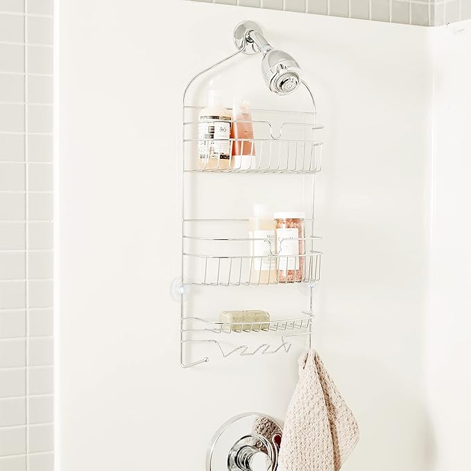 Kenney KN614151 Over the Shower Head 24" L x 11" W x 4.5" D Rust-Resistant Metal Wire Large 3-Shelf Hanging Caddy with Suction Cups and Razor Holders for Bathroom Shower, Chrome
