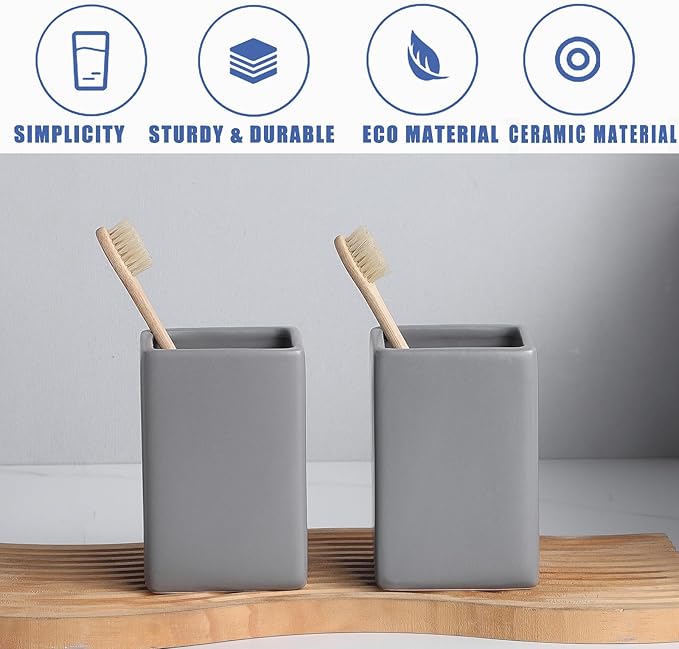 Grey Square Toothbrush Holders for Bathrooms - 2 Cups Ceramic Toothbrush Toothpaste Holders Set, White Square Bathroom Tumbler Cups Reusable Toothbrush Mouthwash Cup, Bathroom Counter Organizer.
