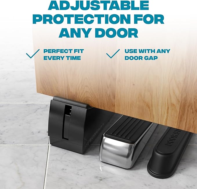Strongest Home 4 Pack XL Adjustable Door Stopper with Spring – Heavy Duty Wedge for Oversized, Thick & Heavy Doors, Anti-Slip Rubber Grip, Commercial, Home & Outdoor Use on Carpet, Wood, Tile - Black
