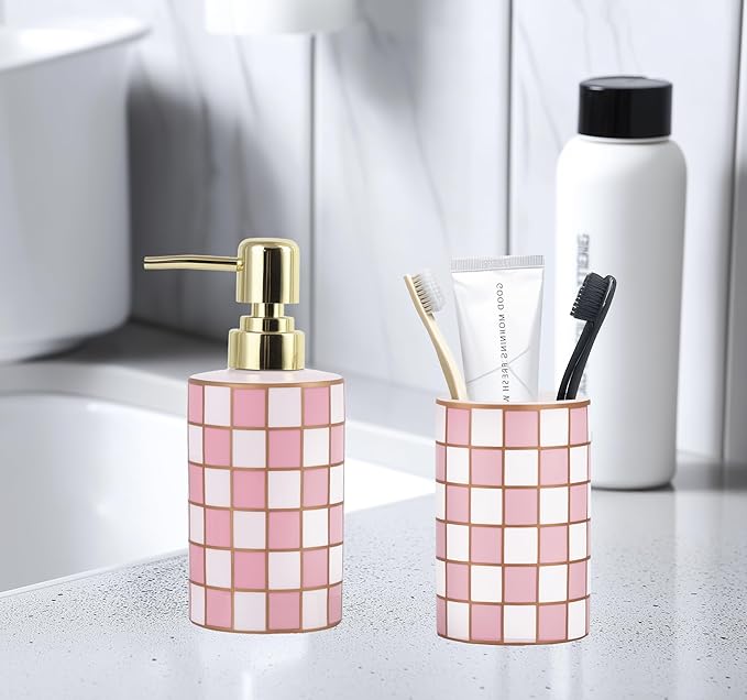 Bathroom Toothbrush Holder Set, Ceramic Checkered Soap Dispenser and Tooth Brush Holder Set, Modern Bathroom Accessories Sets Countertop, Black and White Checkered Bathroom Decor Set (Pink)