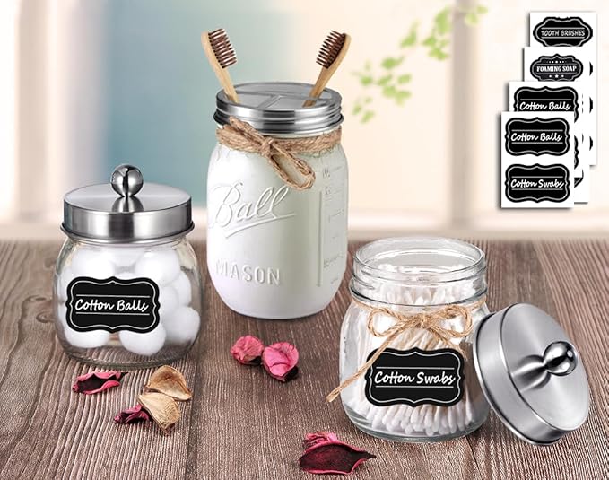 Mason Jar Bathroom Accessories Set(4pcs)-Jars Not Included - Foaming Soap Dispenser and Jars Lids for Regular Mouth jar, Wide Mouth Toothbrush Holder lid, Farmhouse Decor-Brushed Nickel