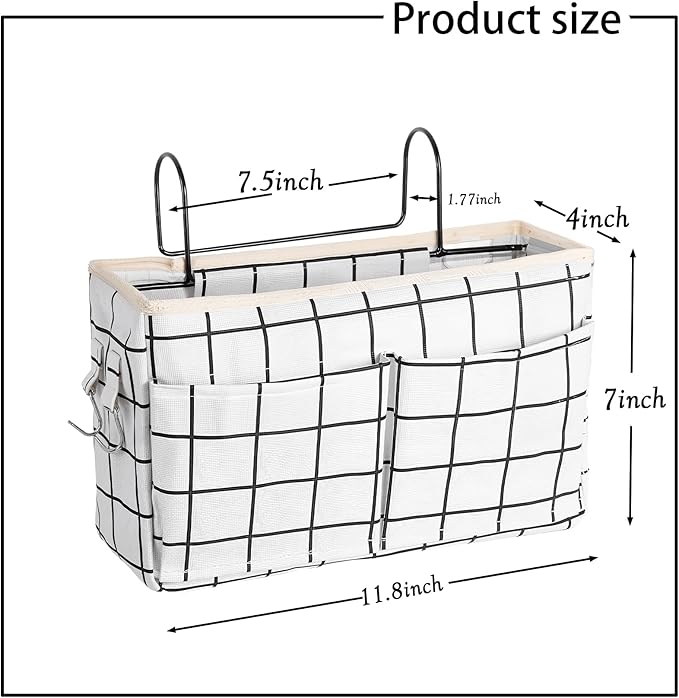 Bedside Caddy Organizer Hanging Storage Basket with Large Pockets & Hooks, Heavy-Duty Canvas Bedside Organizer for Bunk Beds, Dorm Rooms, Hospital Beds & Small Spaces (White Grid Pattern)
