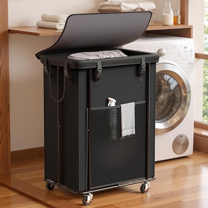 220L Laundry Hamper with Cover, Rolling Laundry Basket with Wheels, Large & Tall Dirty Clothes Hamper with Metal Frame and Removable Bag for Bedroom Aesthetic, Laundry Room, Bathroom, Dorm