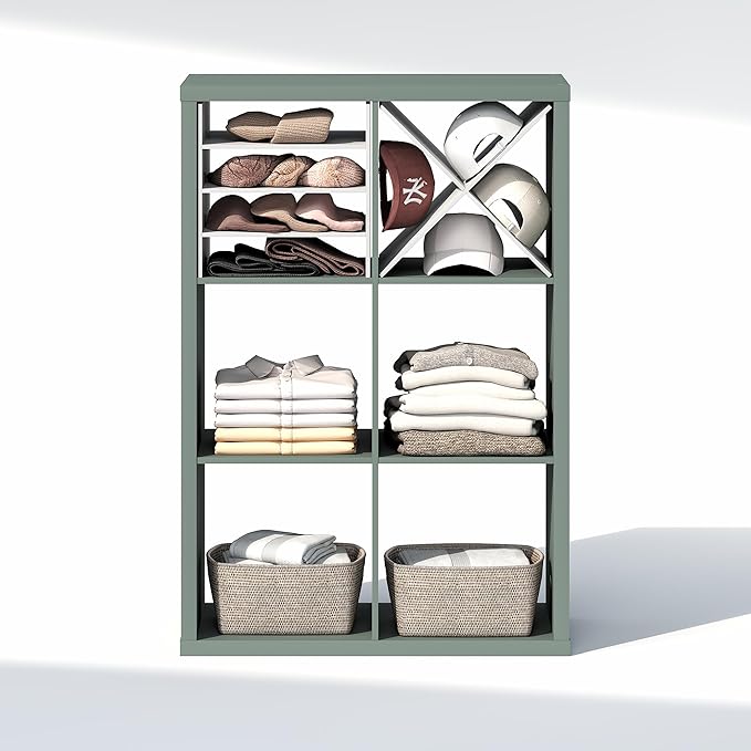 Furinno Cubic Closet Organizers and Storage, 6-Cube Closet Organizer, Open Shelf Closet Storage, Extra Thick Frame for Wardrobe, Bedroom, Living Room, Sage Green