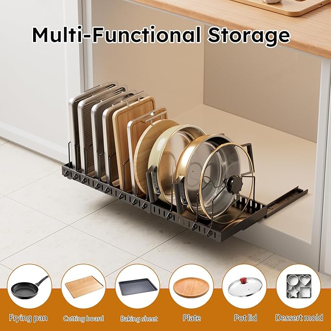 Pull-out Pots and Pans Organizer Under Cabinet - 1 Pack Expandable Pot and Pan Organizer Rack with 12 Adjustable Dividers for Pot, Cutting Board, Dishes, Lid, Baking Tray