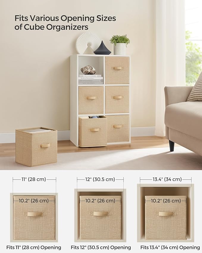 SONGMICS Storage Cubes, 11-Inch Non-Woven Fabric Bins with Double Handles, Set of 6, Closet Organizers for Shelves, Foldable, for Clothes, Sand Beige UROB026K03