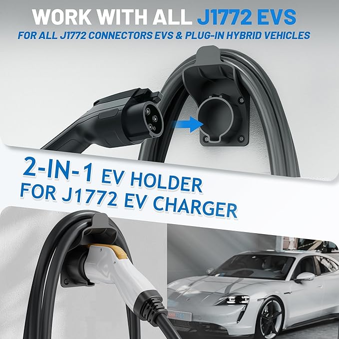 MECMO EV Charger Holder SAE J1772 Wall Mount Charging Cable Hanger Organizer, Nozzle Holster Dock Electric Vehicle EVSE PHEV Car Plug Space Saving Garage Wall Connector Cord Hook for Outdoor Indoor