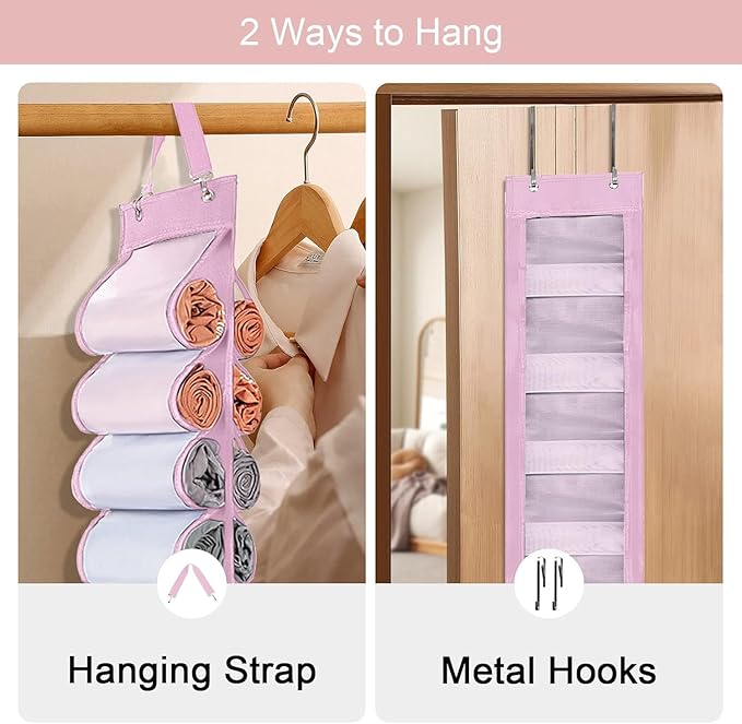 Legging Organizer Storage, 2PCS T Shirt Organizer, Foldable Hanging Closet Organizer Storage with 26 Roll Independent Compartments for Yoga Pants, Tank Top, Towel, Underwear (Pink)