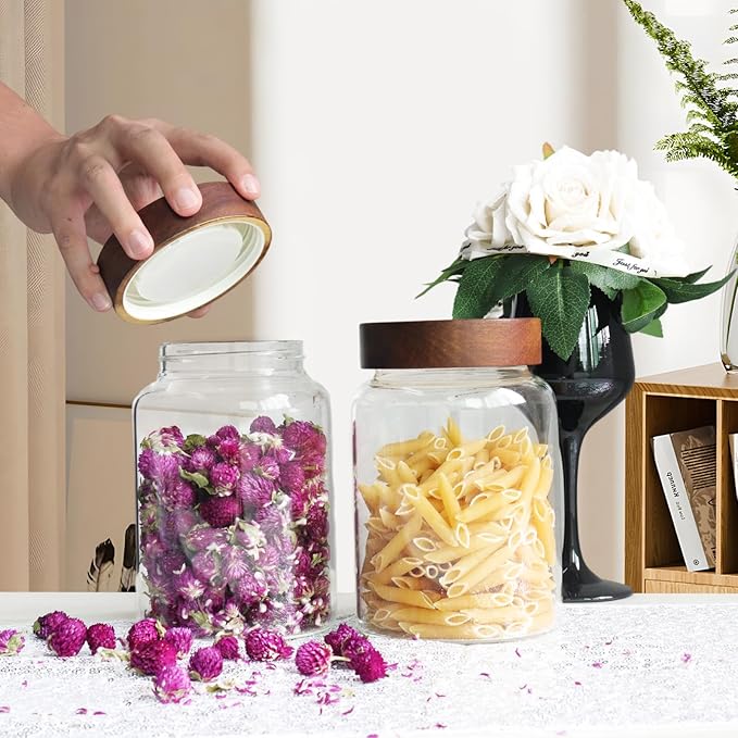 Patoper Airtight Glass Jars with Wooden Lid Round Spice Jar Clear Glass Food Storage Jar Canister with Screw Lid for Coffee Ground Bean Candy Pantry Sugar Tea Cookies Bath Salts (1200ml/40oz-1pack-A)