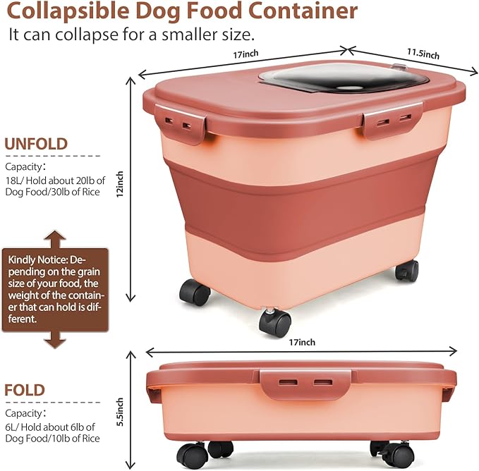 Dog Food Storage Container, 10-20Lbs Collapsible Pet Food Storage Containers with Rolling Wheel Airtight Locking Lid, Dry Food Storage Bin with Cup and Scoop,Suitable for Pet Food, Rice, Flour