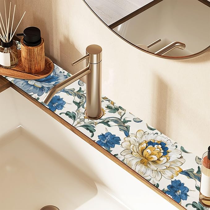 Kitchen Sink Splash Guard 1 PC 14.7 Inch Sink Faucet Mat Splash Guard for Bathroom Countertop Water Absorbent Foldable Cuttable Soft Washable Royal Floral Blue and Yellow Tile