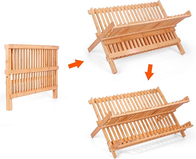 SZUAH Collapsible Bamboo Dish Drying Rack - 2 Tier Space Saving Kitchen Counter Organizer, Holds 19 Plates, Bowls & Utensils (17.8"x10.23"x9.25")