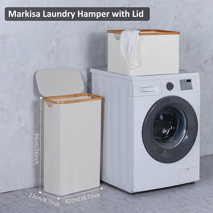 Slim Laundry Hamper,Narrow laundry Hamper with Lid,60L Hamper for Laundry,Dirty Cloth Hamper with Bamboo Handle for Toys,Towels, Clothes Organizing,Beige