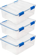 IRIS USA 26.5 Quart WEATHERPRO Plastic Storage Box with Durable Lid and Seal and Secure Latching Buckles, 3 Pack, Weathertight, Keep Pest Dust and Moisture Out, for Oversized Bulky Items, Clear/Blue
