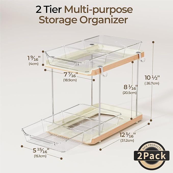 Delamu 2 Tier Bathroom Under Sink Organizers and Storage with Hook, Multi-Purpose Cabinet Drawers with Movable Dividers, Pull Out Organization for Countertop, Kitchen and Pantry(Wood Grain, 2 Pack)