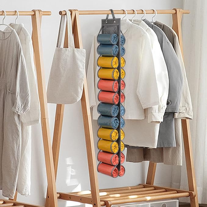 Lirex Hanging Yoga Legging Storage Organizer with 24 Pockets, Foldable Oxford Cloth Hanging Closet Organizer Shirts Jeans Storage Hanger Socks Holder for Family Closet Bedroom, Grey