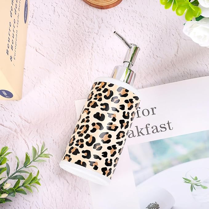 Cheetah Print Soap Dispenser Refillable Liquid Container Brown Leopard Glass Soap Dispenser with Pump for Bathroom Kitchen Countertop Decor